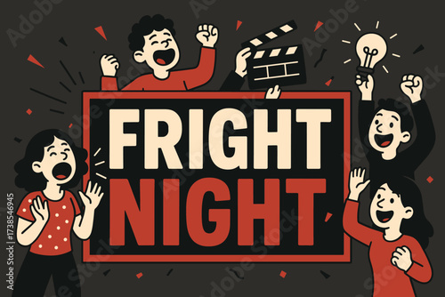 Fright Night Celebration. FrightNight banner, flat vector illustration, bold oversized text inside rectangular frame, cartoon characters shouting and