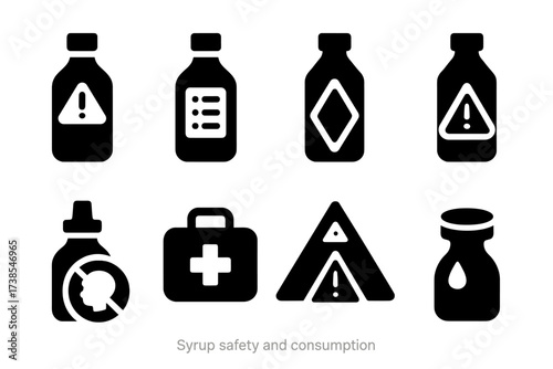 Syrup Safety Icons. Solid, filled icon set of syrup safety and consumption: allergy warning, ingredient list, expiration date, nutritional info, caution sign,