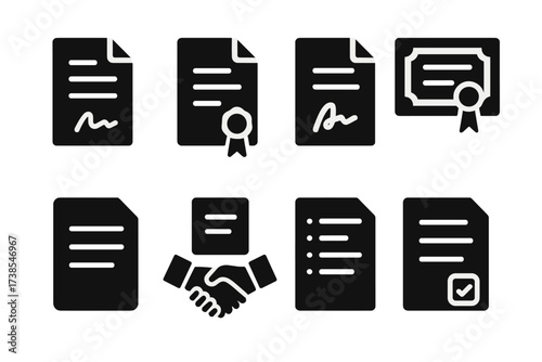 Bond Documentation Icons. Solid, filled icon set of bond documentation: contract, legal seal, signature, certificate, prospectus, agreement, audit report,