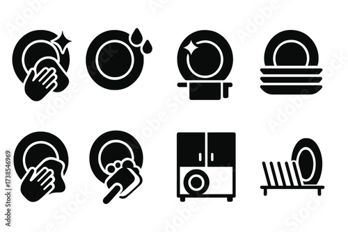 Dish Cleaning Icons. Solid, filled icon set of dish cleaning: washing dish, rinsing dish, drying dish, stacking dish, polishing dish, storing dish, scrubbing