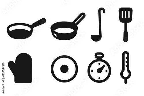 Kitchen Tools Icons. Solid, filled icon set of pan-related kitchen items: frying pan, skillet, ladle, spatula, oven mitt, pan lid, kitchen timer, cooking