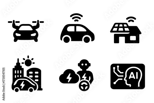 Futuristic EV Icons. Solid, filled icon set of EV futuristic concepts: flying car, autonomous vehicle, solar roof, wireless charging pad, smart city, energy