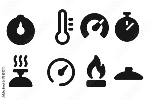 Boiling Control Icons. Solid, filled icon set of boiling temperature control: dial knob, thermometer, heat setting, timer, steam release valve, pressure gauge,