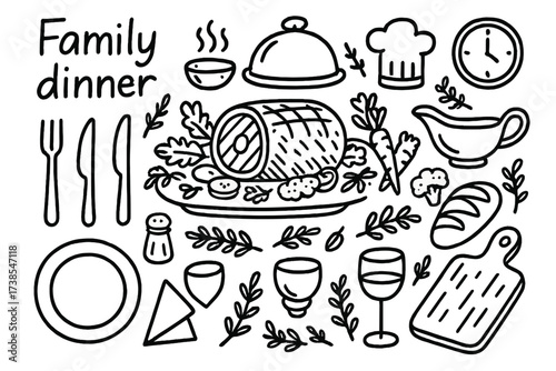 Family Dinner Doodle. Hand-drawn doodle illustration Family dinner roast beef, serving tray, fork, knife, plate, gravy boat, vegetables, bread, wine glass,