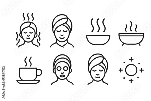 Soothing and Ghostly Icons. Outline icon set of soothing steam effects: facial steam, hot towel wrap, steam lines, warm bath, hot drink steam, spa mask, towel