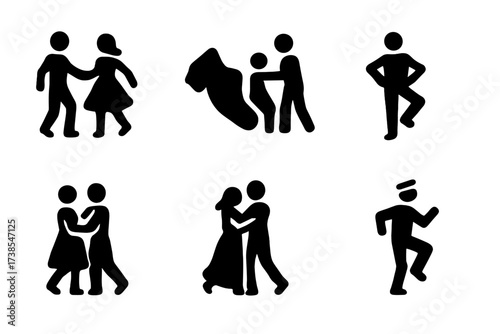 Folk Dance Icon Set. Solid, filled icon set of folk dance styles: square dance, clogging, contra dance, jig, polka, waltz, reel, hornpipe. Solid, filled icons
