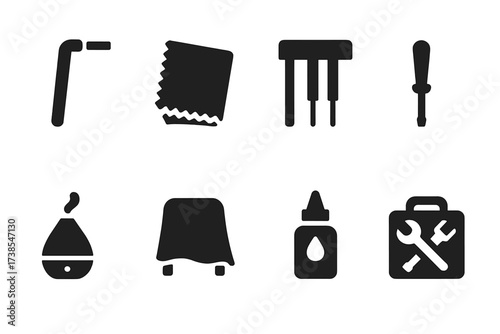 Piano Maintenance Icons. Solid, filled icon set of piano maintenance: tuning wrench, polishing cloth, key cleaner, technician tool, humidifier, cover sheet,