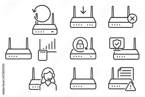 Technical Icon Set. Outline icon set of modem troubleshooting: restart modem, firmware update, connection lost, signal test, factory reset, network