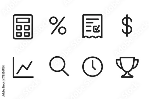 Betting Odds Icons. Outline icon set of betting odds: calculator, percentage, betting slip, dollar sign, graph, magnifying glass, clock, trophy. Line icons in
