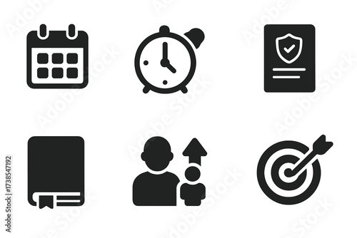 Lifespan Awareness Icons. Solid, filled icon set of lifespan awareness: calendar reminder, clock with bell, health checkup, insurance policy, personal diary,