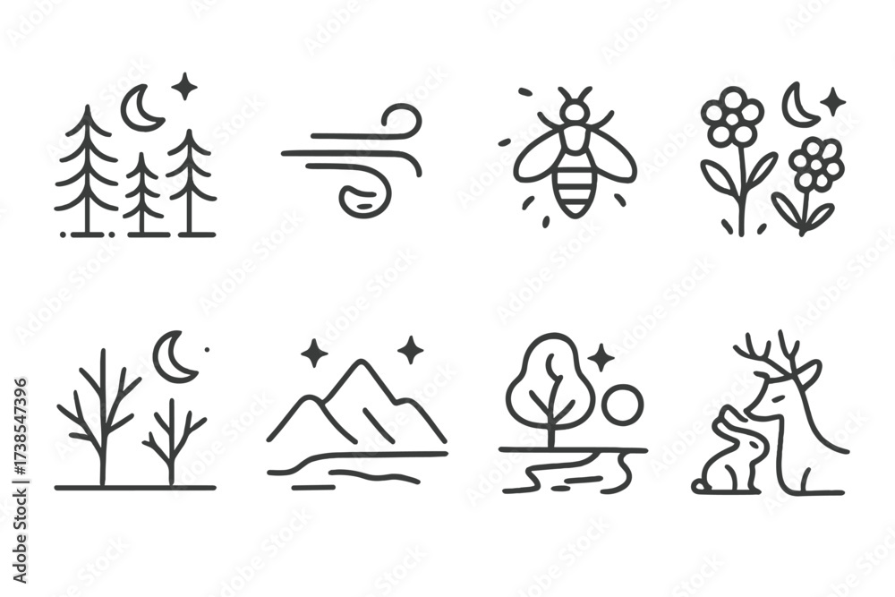 Fototapeta premium Quiet Night Icons. Outline icon set of quiet night nature: still forest, gentle breeze, firefly, nighttime flowers, silhouetted trees, calm