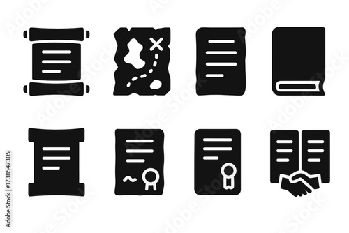 Ancient Document Icons. Solid, filled icon set of ancient documents: parchment scroll, map, manuscript, codex, papyrus, decree, certificate, treaty. Solid,