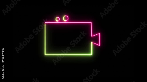 Glowing Neon Video camera icon animation with lines on blue colors