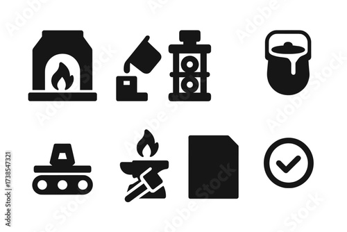 Metal Manufacturing Icons. Solid, filled icon set of metal manufacturing: furnace, casting mold, rolling mill, smelting pot, conveyor belt, forge, metal sheet,