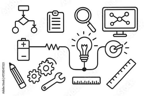 Cartoon Electrical Doodle. Hand-drawn doodle illustration electrical scheme circuit diagram, wires, battery, resistor, switch, light bulb, flowchart, arrows,