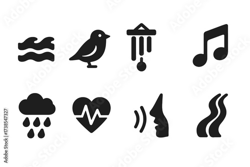 Soothing Sounds Icons. Solid, filled icon set of soothing sounds: ocean waves, birds chirping, wind chimes, soft music notes, rain, heartbeat, whisper, flowing