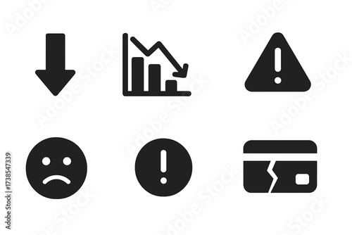 Credit Score Icons. Solid, filled icon set of credit score drop: downward arrow, broken graph, falling bar chart, warning sign, sad face, low battery, alert