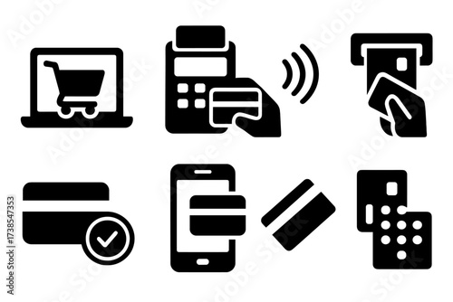 Credit Card Icons. Solid, filled icon set of credit card usage: online shopping, POS terminal, contactless tap, ATM withdrawal, payment approval, mobile