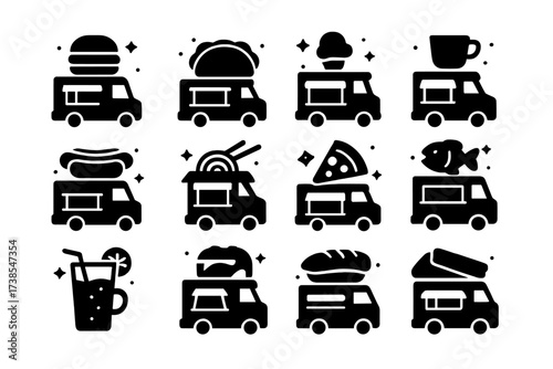 Food Trucks Icons Grid. Food trucks. Solid icons set of food trucks: burger truck, taco truck, ice cream truck, coffee truck, hot dog truck, noodle truck,