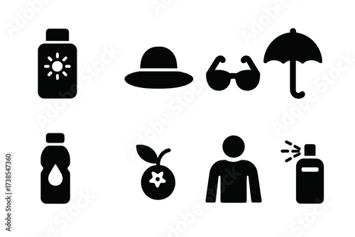 Skin Protection Icons. Solid, filled icon set of skin protection: sunscreen, hat, sunglasses, umbrella, hydration, antioxidant, protective clothing, cooling