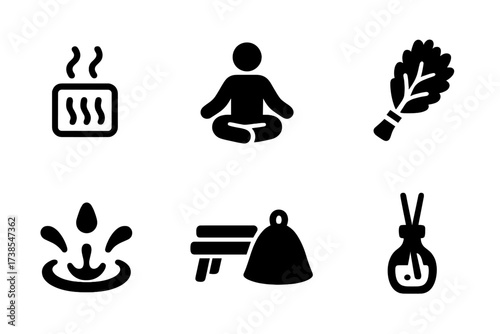 Spa & Wellness Icons. Solid, filled icon set of spa and wellness: sauna steam, relaxation person, towel, herbal broom, water splash, wooden bench, sauna hat,
