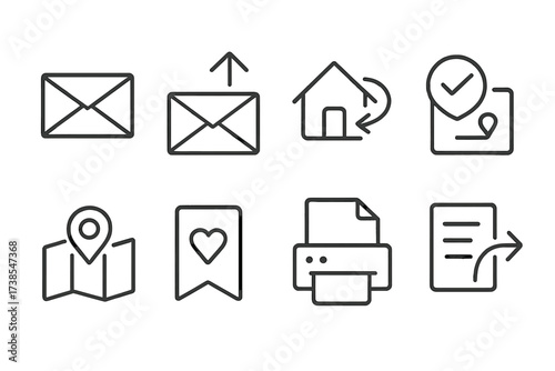 Address Icon Set. Outline icon set of address-related actions: send mail, receive mail, change address, verify address, locate on map, save address, print