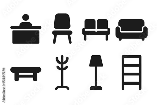 Reception Icons Grid. Solid, filled icon set of reception furniture: counter, chair, waiting area, sofa, coffee table, coat rack, lamp, display shelf. Solid,