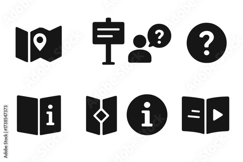 Information Icons Grid. Solid, filled icon set of informational signs: map, directory, help icon, question mark, guidebook, brochure, info circle, tutorial.