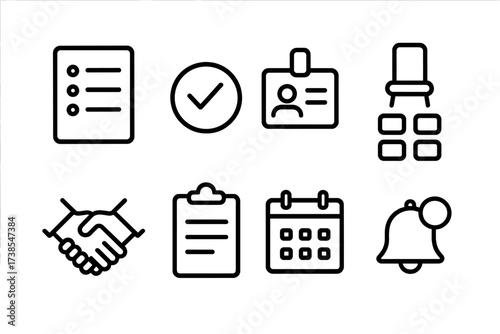 Guest Management Icons. Outline icon set of guest management: guest list, checkmark, name tag, seating chart, handshake, clipboard, calendar, bell