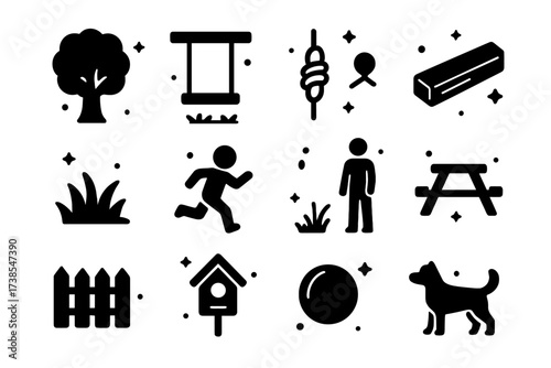 Backyard Playtime Icons. Backyard swing setup. Solid icons set of tree, swing hanging, rope knot, wooden beam, grass patch, child running, parent supervising,