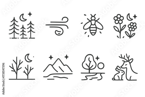 Quiet Night Icons. Outline icon set of quiet night nature: still forest, gentle breeze, firefly, nighttime flowers, silhouetted trees, calm