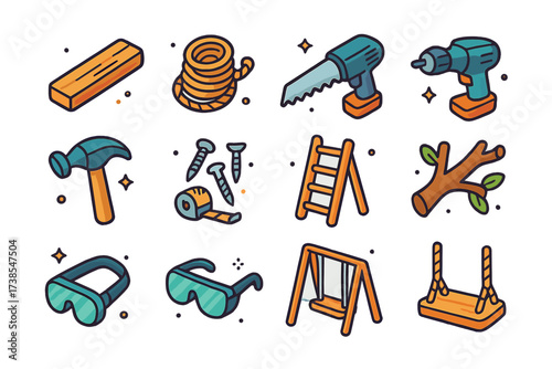 DIY Swing Icons. DIY swing building. Colorful isometric vector icons set of DIY swing building: wooden plank, rope coil, saw, drill, hammer, screws, ladder,