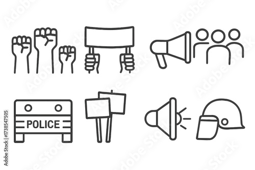 Protest Icon Set. Outline icon set of protest and rally: raised fists, banners, megaphone, crowd, police barrier, placards, loudspeaker, police helmet. [Line