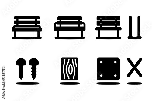 Bench Icon Set. Solid, filled icon set of bench features: slatted seat, armrests, backrest, legs, bolts, wood grain, metal texture, bench shadow. [Line icons