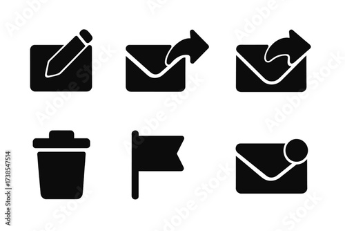 Email Icon Grid. Solid, filled icon set of email user interactions: compose mail, send mail, reply, reply all, forward, delete, flag, mark unread. [Line icons