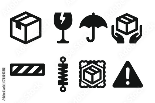 Careful Handling Icons. Solid, filled icon set of handle with care: fragile box, broken glass, umbrella protection, hands holding box, caution tape, shock