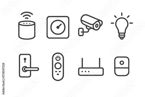 Smart Home Icon Set. Outline icon set of smart home devices: smart speaker, thermostat, security camera, light bulb, door lock, remote control, Wi-Fi router,