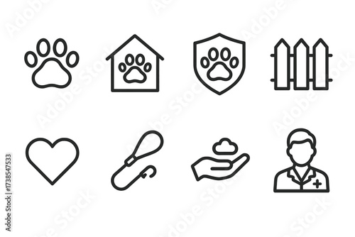 Animal Protection Icons. Outline icon set of animal protection: paw print, shelter, shield, fence, heart, leash, hand feeding, veterinarian. Line icons in only