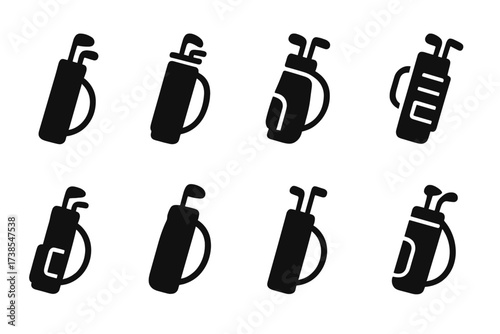 Stick Bag Icons. Solid, filled icon set of stick bag styles: classic, modern, vintage, tactical, professional, casual, minimalist, custom. Solid, filled icons