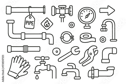 Industrial Pipe Doodle. Hand-drawn doodle illustration Industrial pipe labeling pipe, label tag, valve, warning sign, arrow symbol, pressure gauge, connector,