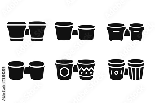 Bongo Icon Collection. Solid, filled icon set of bongo types: traditional bongo, synthetic bongo, mini bongo, professional bongo, practice bongo, electric