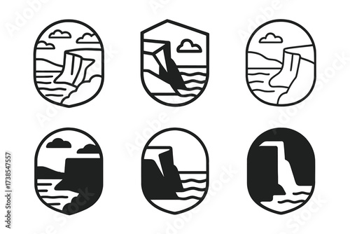 Cliff Logo Variations. Cliff. Set Logo of cliff: cliff panorama badge. harmonious logo variations of the same emblematic concept, each with different artistic