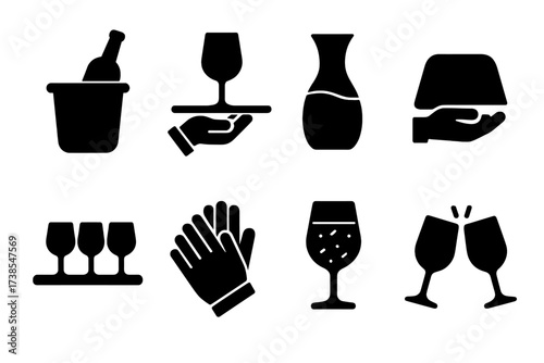 Wine Icon Set. Solid, filled icon set of wine serving elements: bottle in ice bucket, glass on tray, carafe, serving tray, wine flight board, serving gloves,
