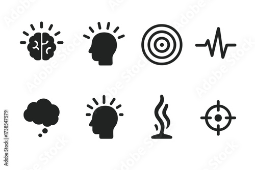 Mental Energy Icons. Solid, filled icon set of mental energy visuals: glowing brain, head aura, expanding rings, pulse wave, thought line, mind burst, energy