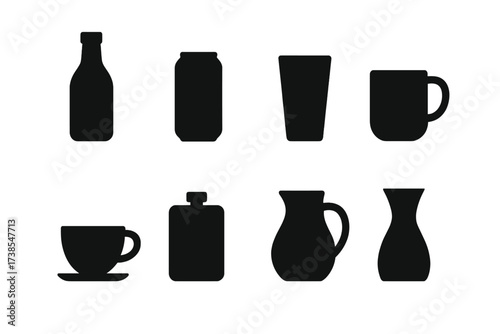 Beverage Icons Collection. Solid, filled icon set of pour beverage containers: bottle, can, glass, mug, cup, flask, pitcher, carafe. Solid, filled icons in