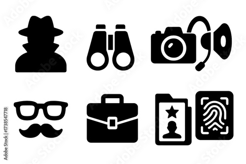 Espionage Icon Set. Solid, filled icon set of secret agents and espionage: spy silhouette, binoculars, camera, listening device, disguises, briefcase, secret