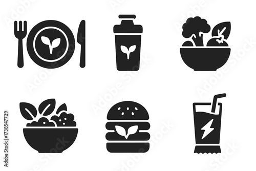 Vegetarian Protein Icons. Solid, filled icon set of vegetarian protein diets: vegan plate, vegetarian meal, protein shake, salad bowl, grain bowl, plant-based