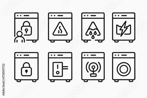 Dishwasher Safety Icons. Outline icon set of dishwasher safety: child lock, heat warning, water overflow, power surge, door lock, safety switch, sensor alert,