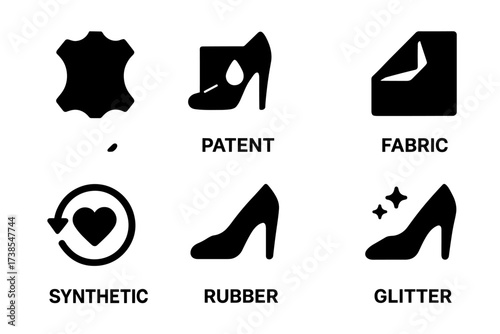 Black Heel Material Icons. Solid, filled icon set of heel materials: leather, suede, patent leather, fabric, synthetic, cork, rubber, glitter. Solid, filled
