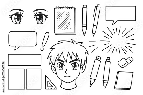 Manga Creation Tools. Manga Drawing. Hand-drawn doodle illustration manga eyes, sketchbook, pencil, inking pen, ruler, speech bubble, action lines, character